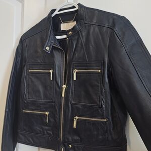 Michael Kors Blue LeatherJacket with Gold Accents